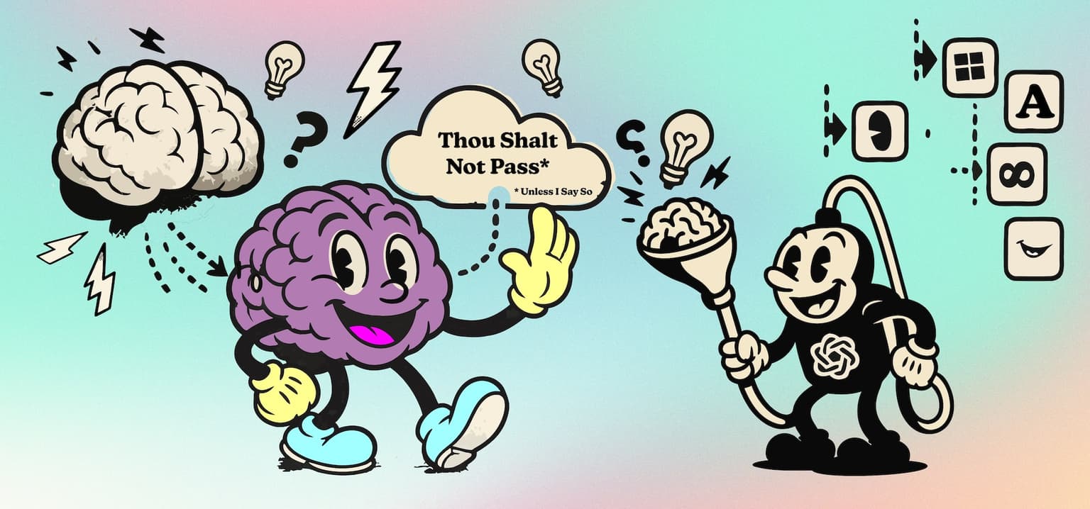 Colorful illustration showing cartoon brains and characters representing AI knowledge processing