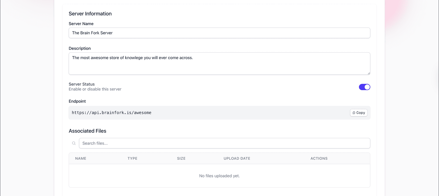Server Endpoint in the Brainfork Admin Panel
